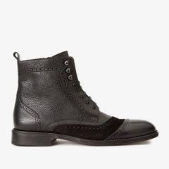 The Anderson Black Leather Suede Brogue Lace-Up  Boot with a Zipper