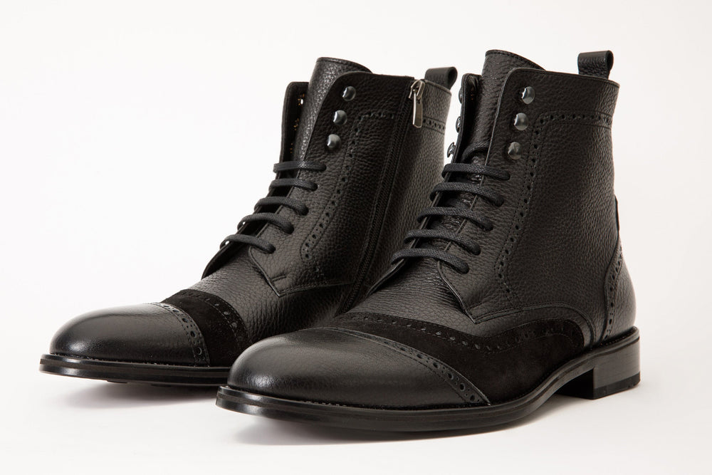 The Anderson Black Leather Suede Brogue Lace-Up  Boot with a Zipper