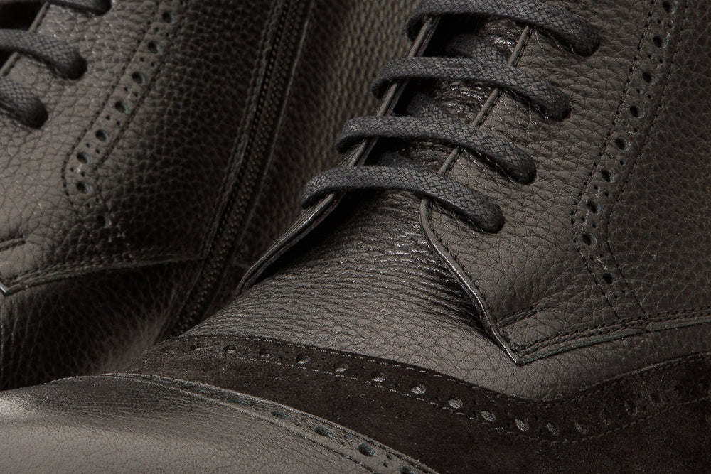 The Anderson Black Leather Suede Brogue Lace-Up  Boot with a Zipper
