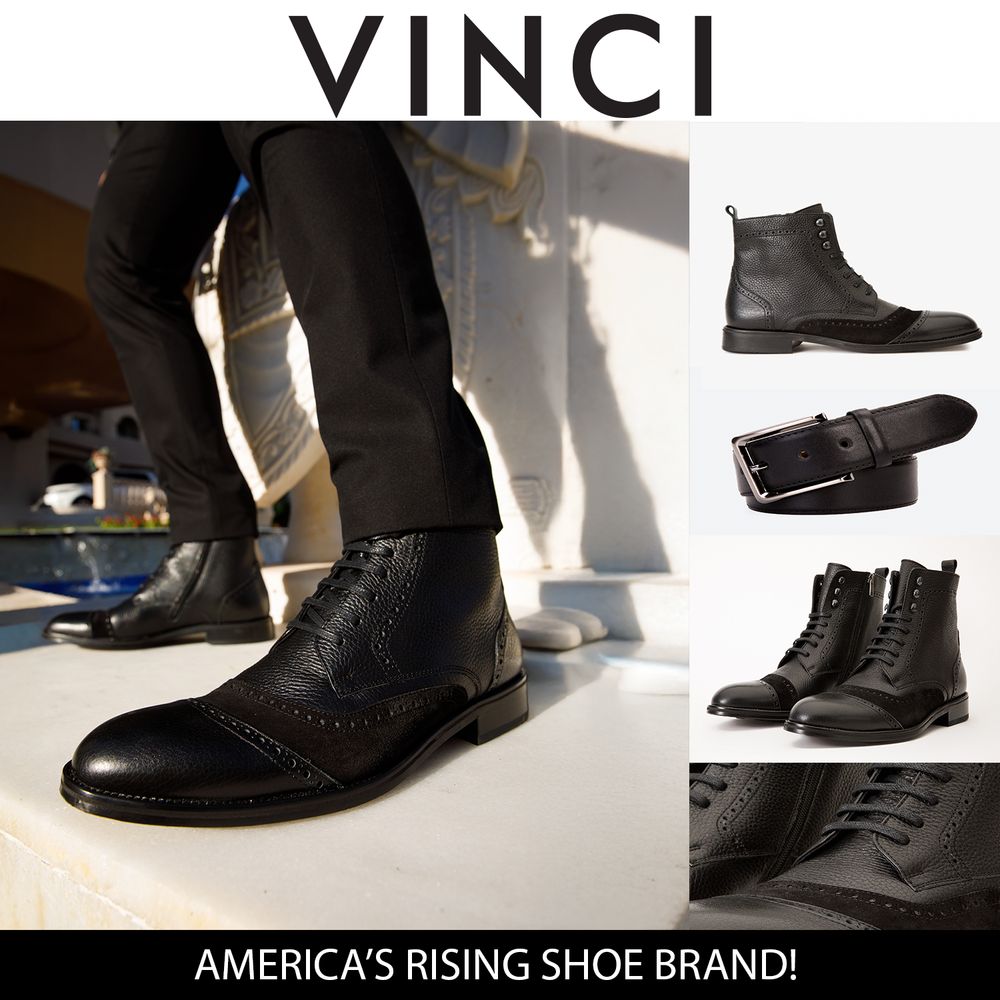 The Anderson Black Leather Suede Brogue Lace-Up  Boot with a Zipper