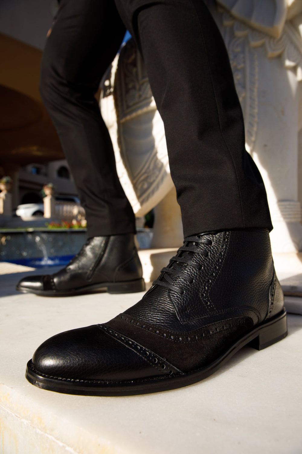 The Anderson Black Leather Suede Brogue Lace-Up  Boot with a Zipper