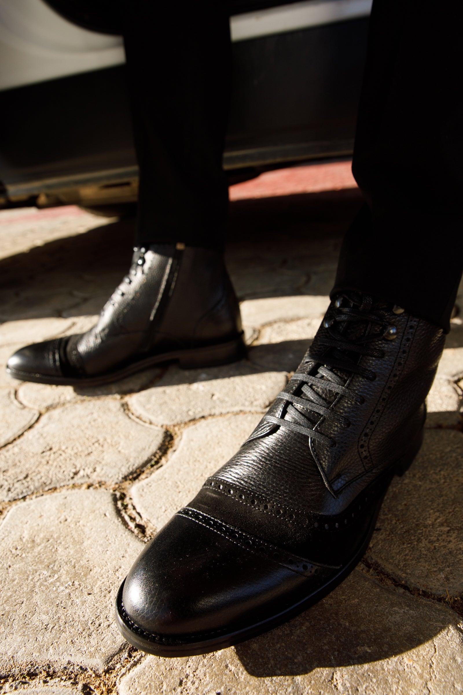 The Anderson Black Leather Suede Brogue Lace-Up  Boot with a Zipper