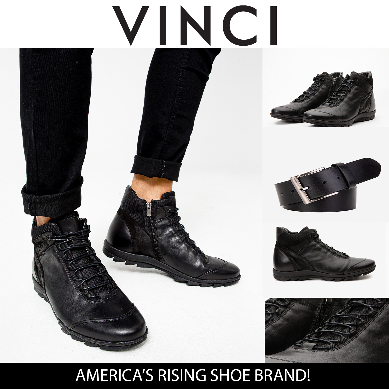 The Houston Leather Black Lace-Up Casual Boot with a Zipper
