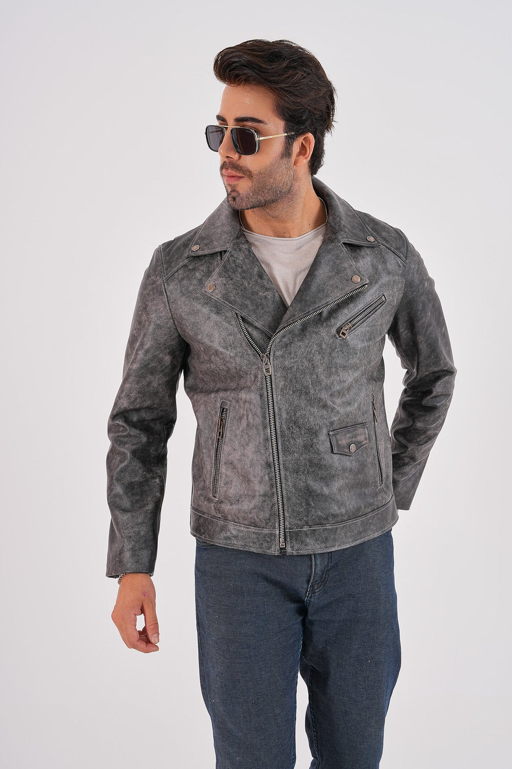 The Volt Textured Distressed Grey Leather Jacket