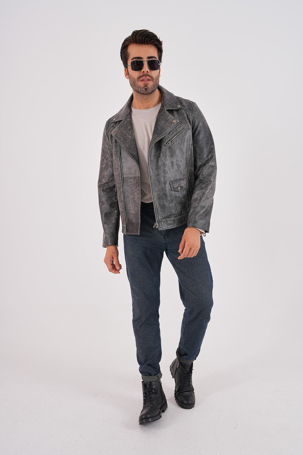 The Volt Textured Distressed Grey Leather Jacket