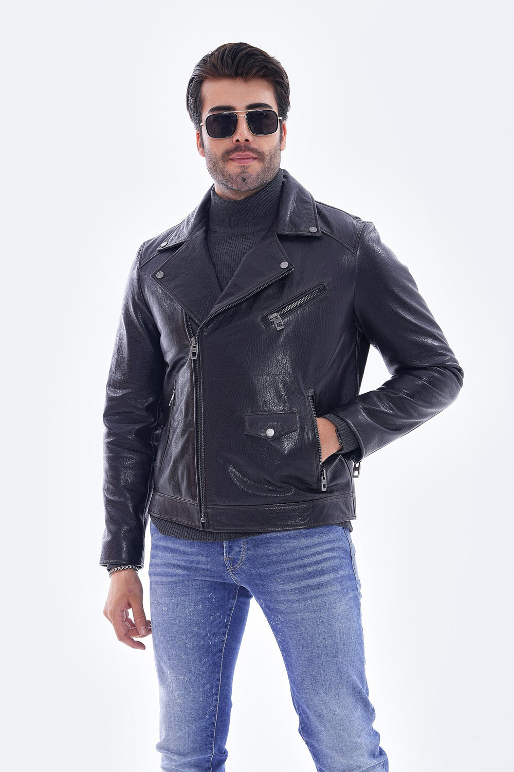 The Volt Textured Navy Blue Leather Jacket