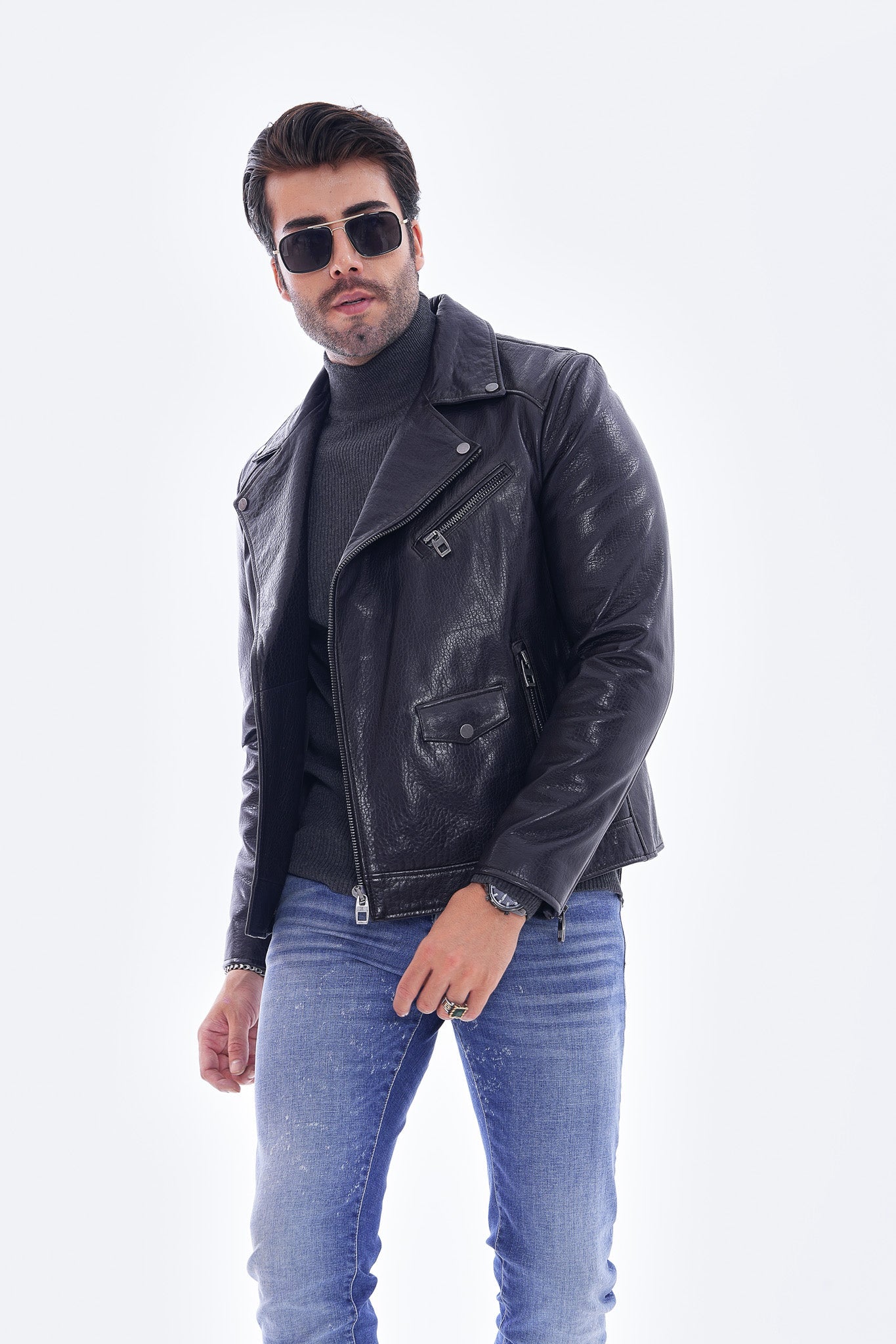 The Volt Textured Navy Blue Leather Jacket