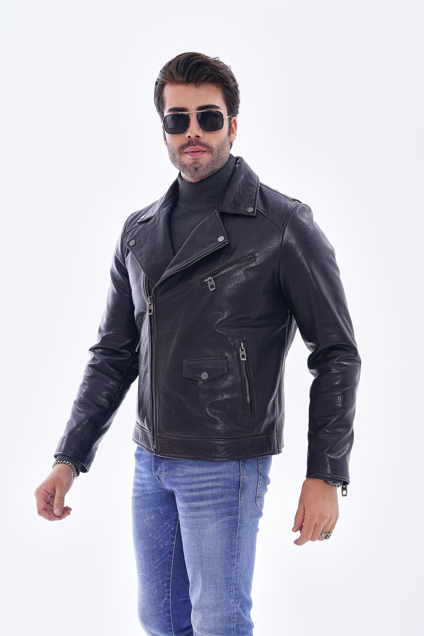 The Volt Textured Navy Blue Leather Jacket