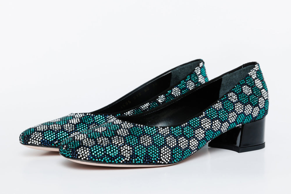 The Doha Turqoise Glitter Leather Block Pump Shoe