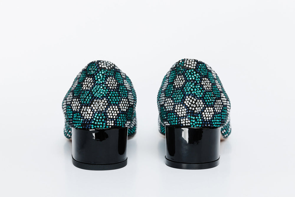 The Doha Turqoise Glitter Leather Block Pump Shoe