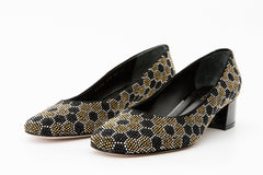 The Doha Gold Black Glitter Leather Block Pump Shoe
