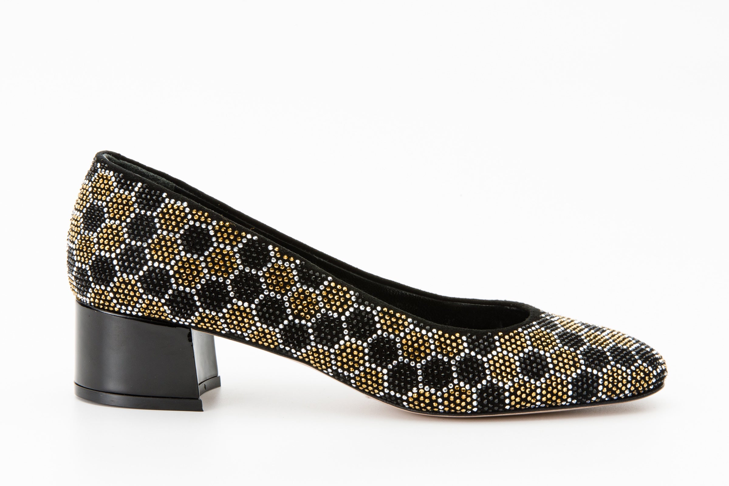 The Doha Gold Black Glitter Leather Block Pump Shoe
