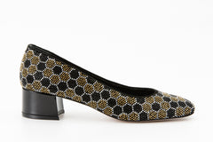 The Doha Gold Black Glitter Leather Block Pump Shoe