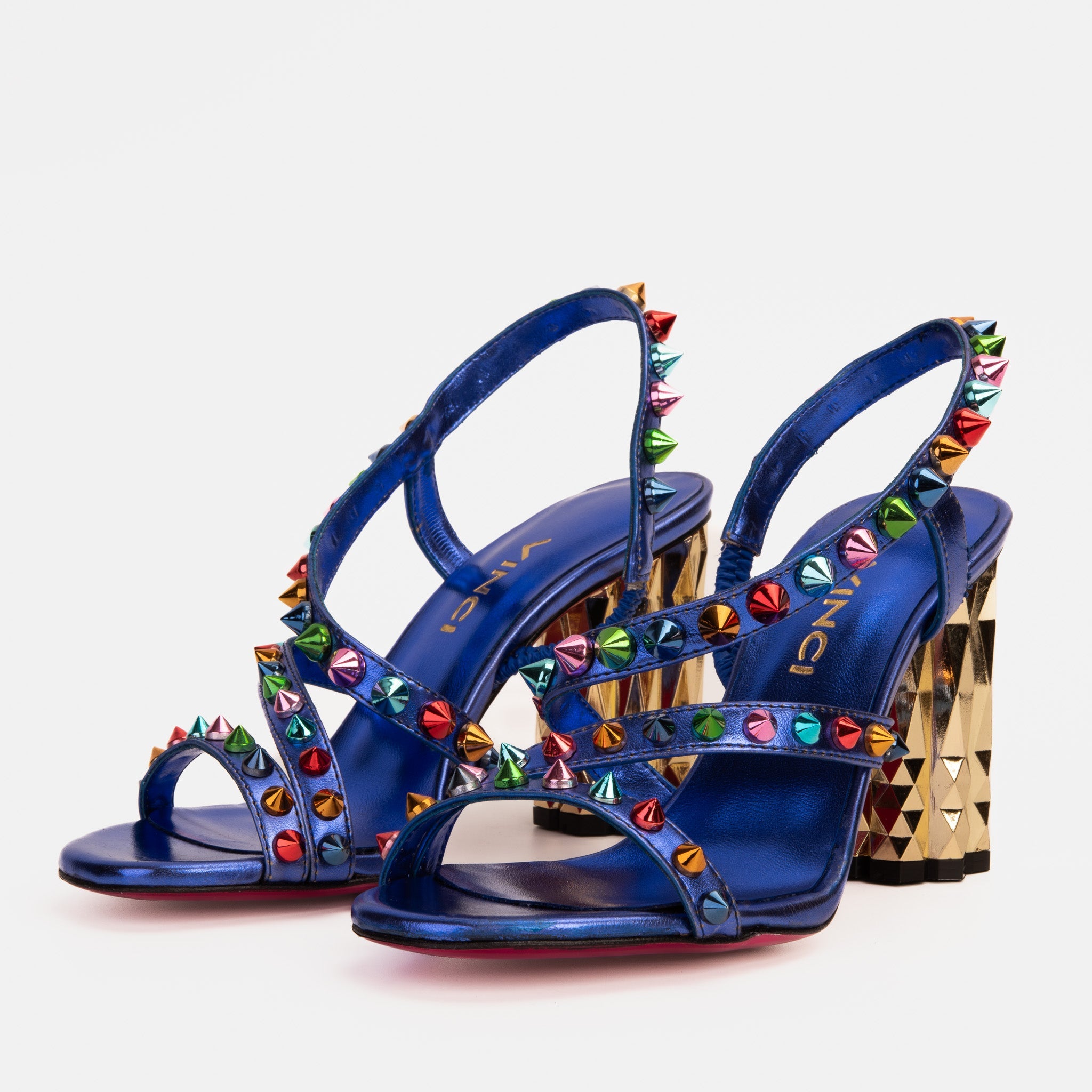 The Caris Sax Blue Block Heel Spike Leather Sandal Final Sale!