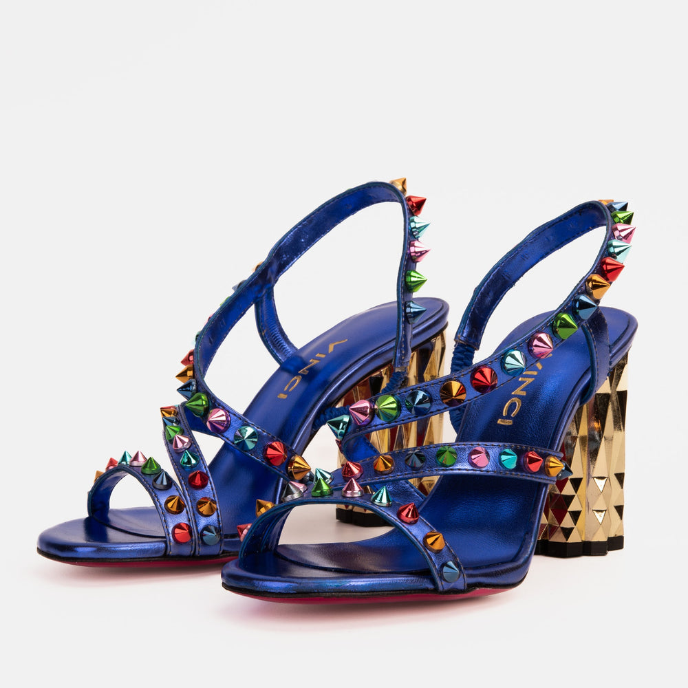The Caris Sax Blue Block Heel Spike Leather Sandal Final Sale!