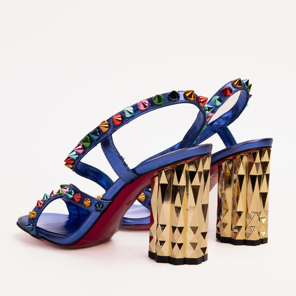 The Caris Sax Blue Block Heel Spike Leather Sandal Final Sale!