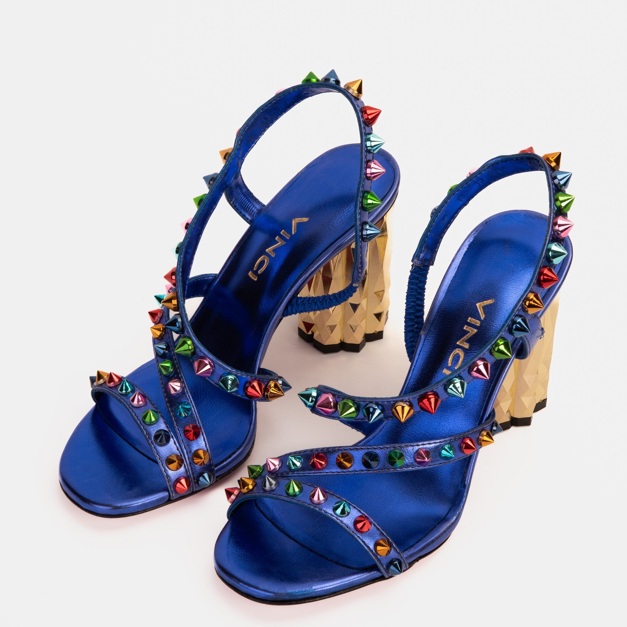 The Caris Sax Blue Block Heel Spike Leather Sandal Final Sale!