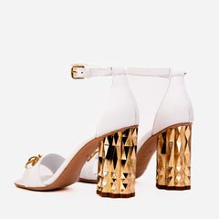 The Avlonya Block Heel White Leather Sandal