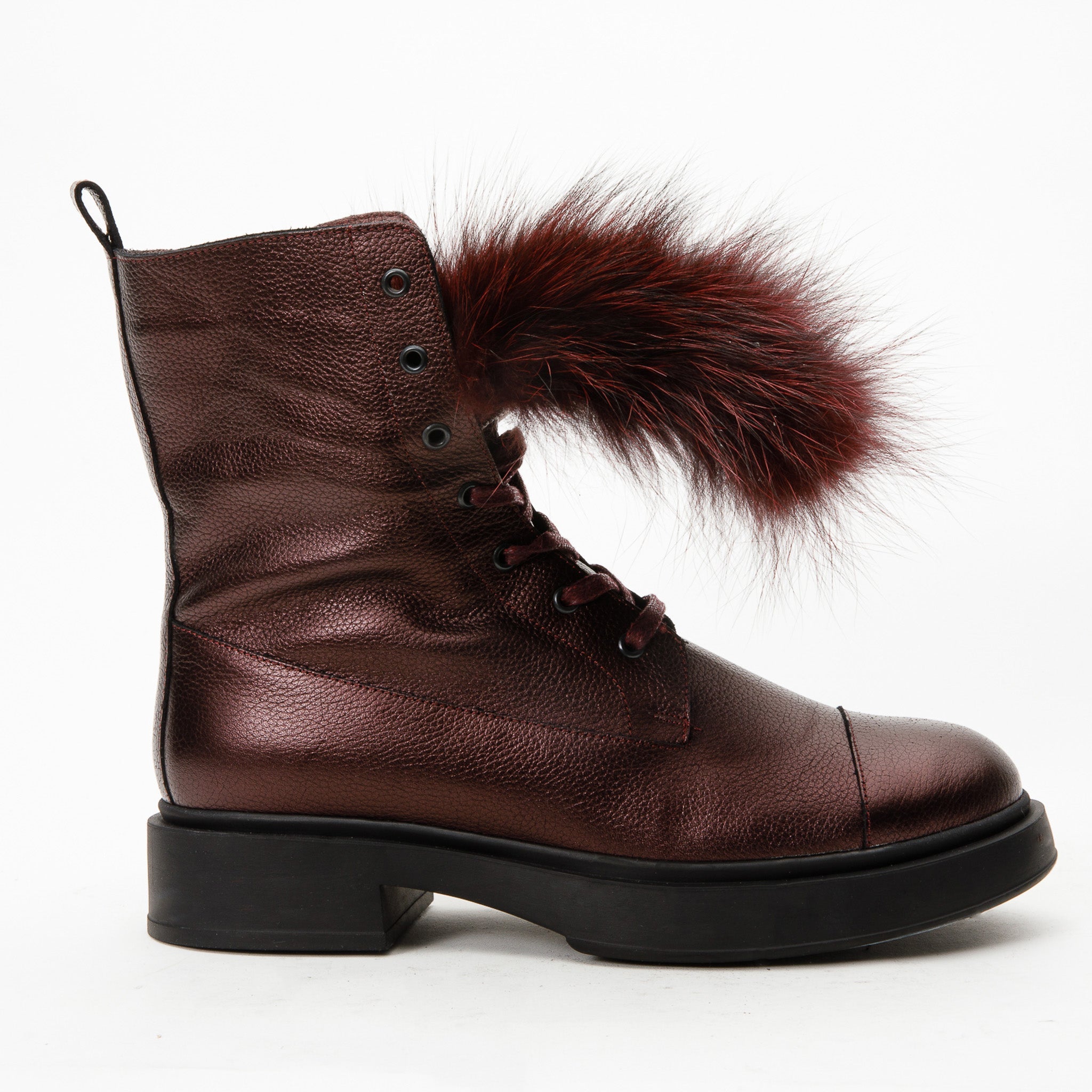 The Kajapati Burgundy Leather Natural Fur Mid Calf Boot