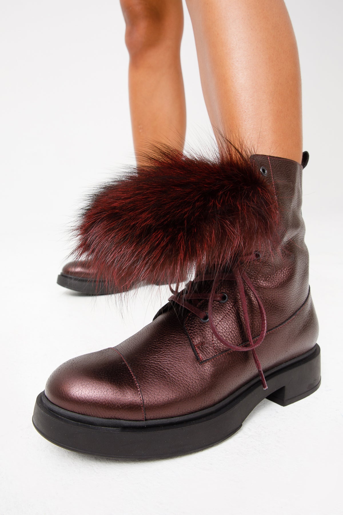 The Kajapati Burgundy Leather Natural Fur Mid Calf Boot