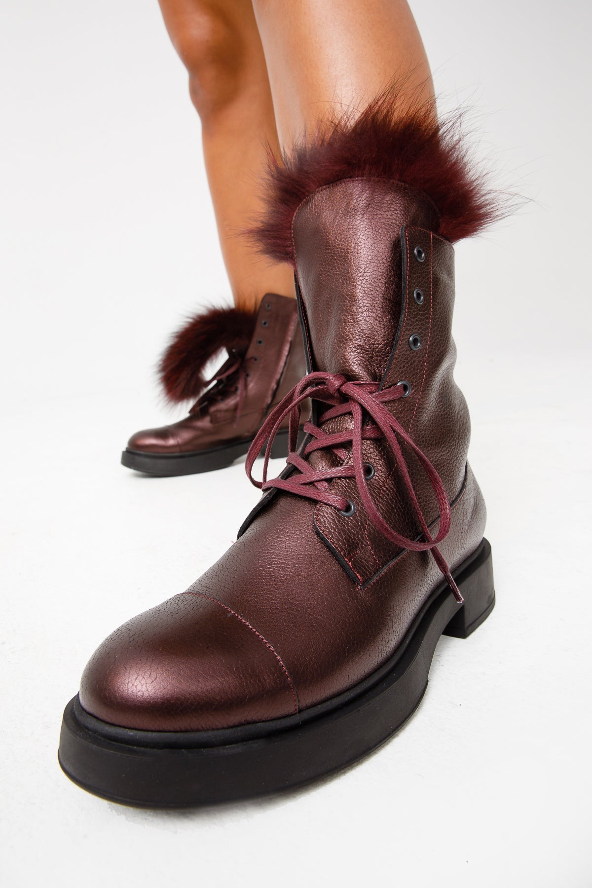 The Kajapati Burgundy Leather Natural Fur Mid Calf Boot