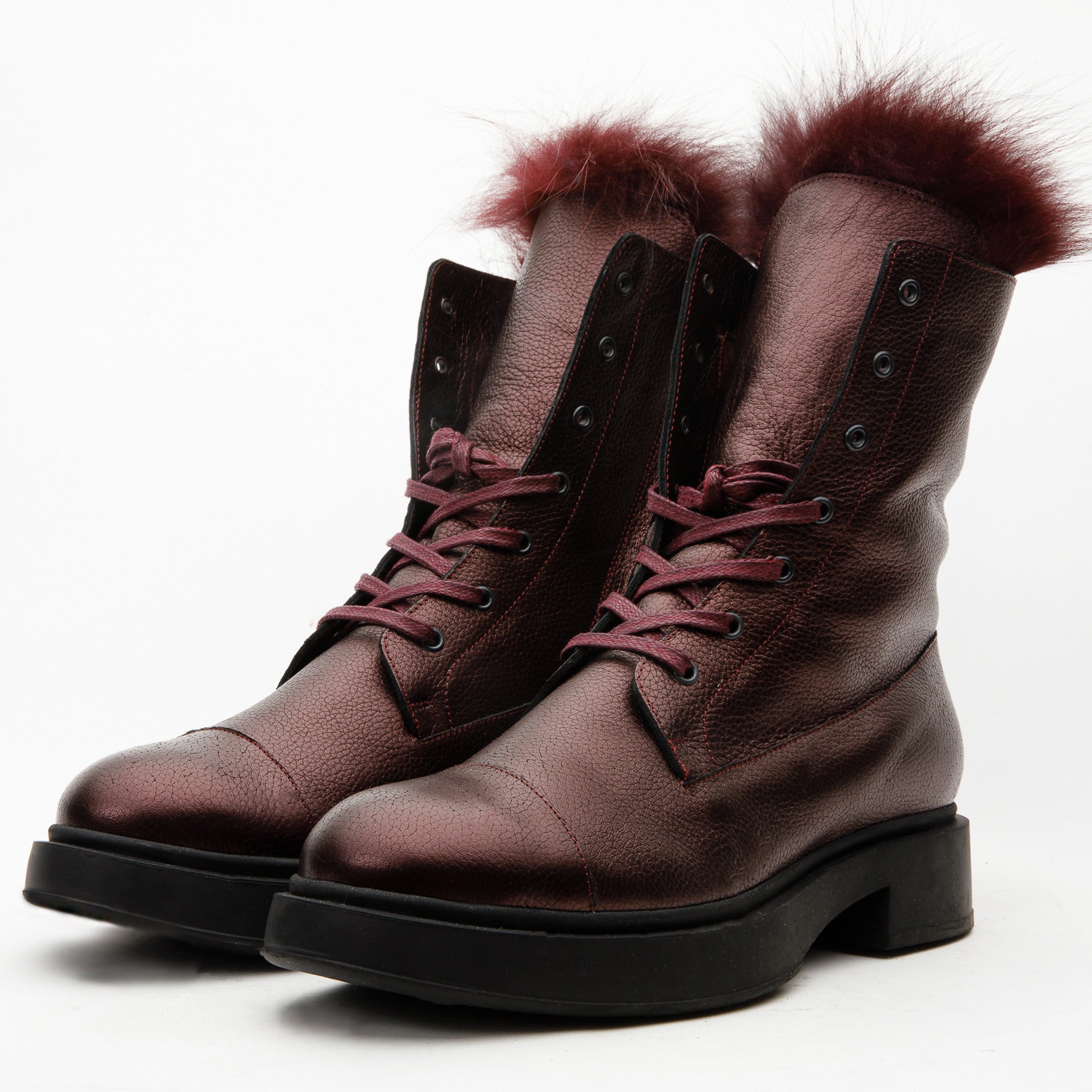 The Kajapati Burgundy Leather Natural Fur Mid Calf Boot