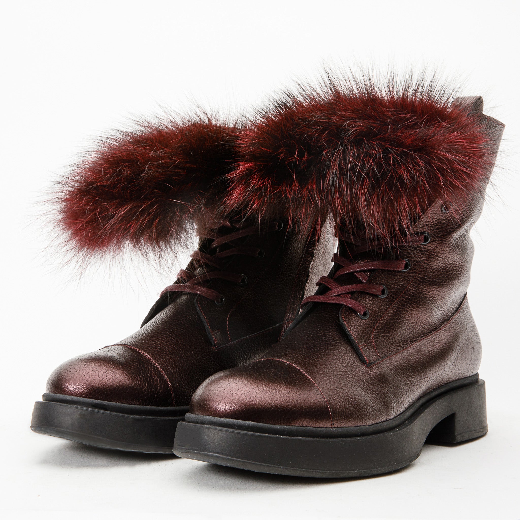 The Kajapati Burgundy Leather Natural Fur Mid Calf Boot