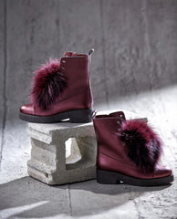The Kajapati Burgundy Leather Natural Fur Mid Calf Boot
