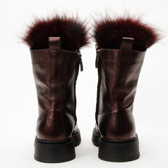 The Kajapati Burgundy Leather Natural Fur Mid Calf Boot