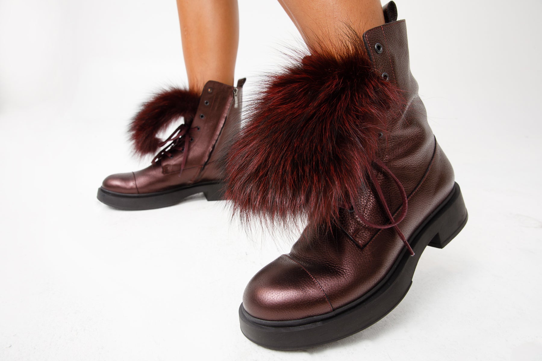 The Kajapati Burgundy Leather Natural Fur Mid Calf Boot