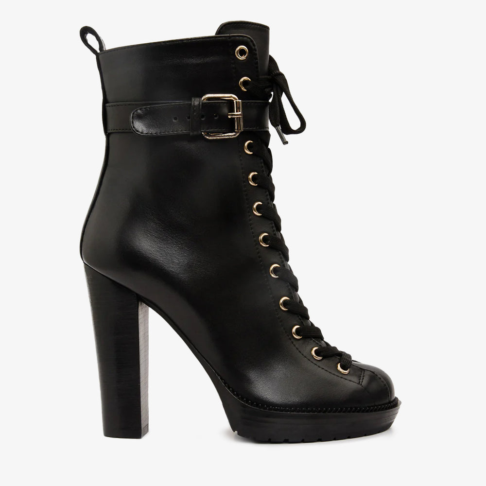 The Estrada Black Leather Lace-Up Platform Heel Mid Calf Boot