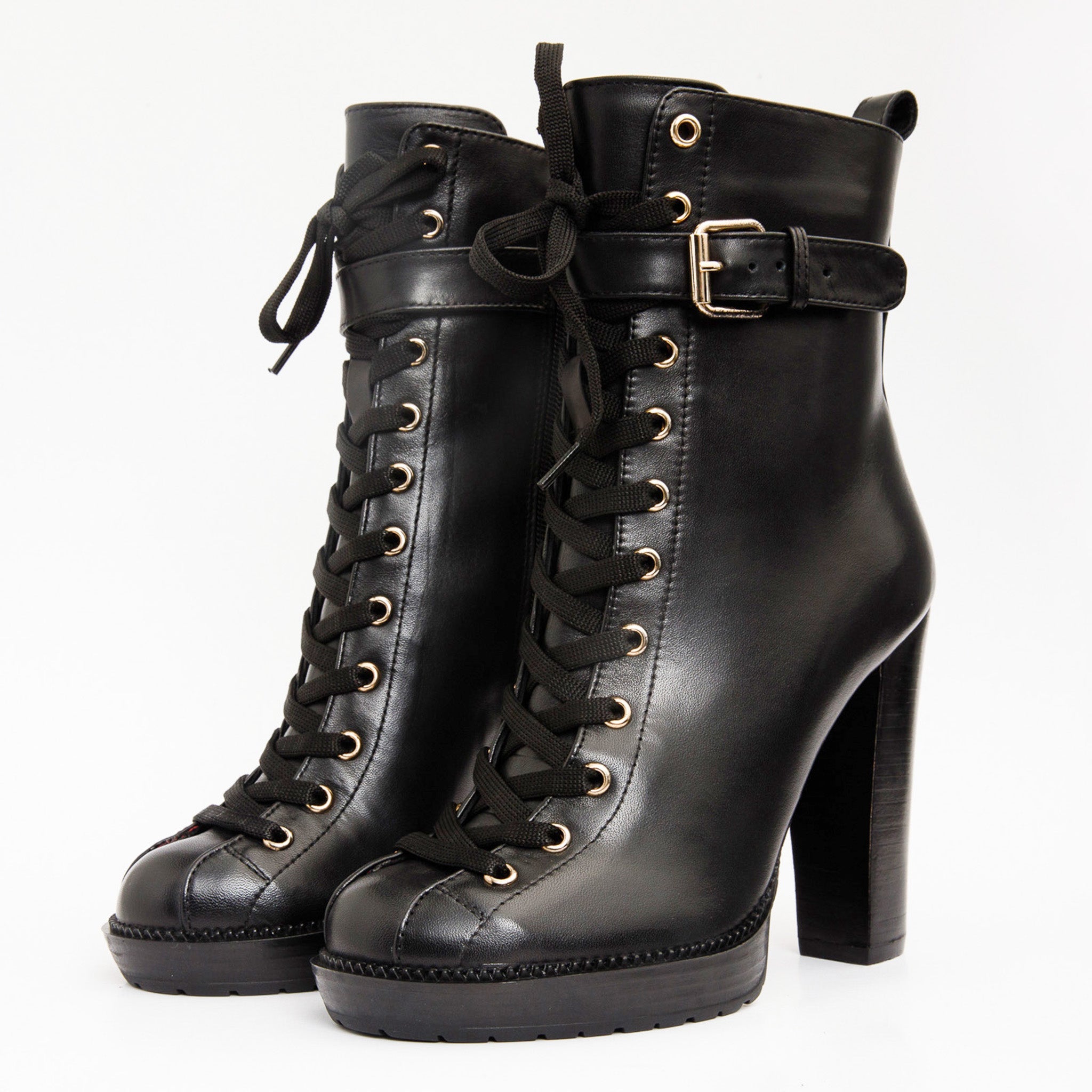 The Estrada Black Leather Lace-Up Platform Heel Mid Calf Boot