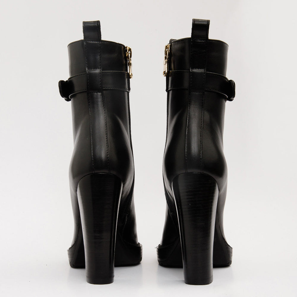 The Estrada Black Leather Lace-Up Platform Heel Mid Calf Boot