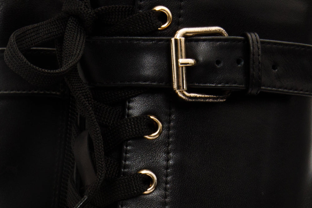 The Estrada Black Leather Lace-Up Platform Heel Mid Calf Boot