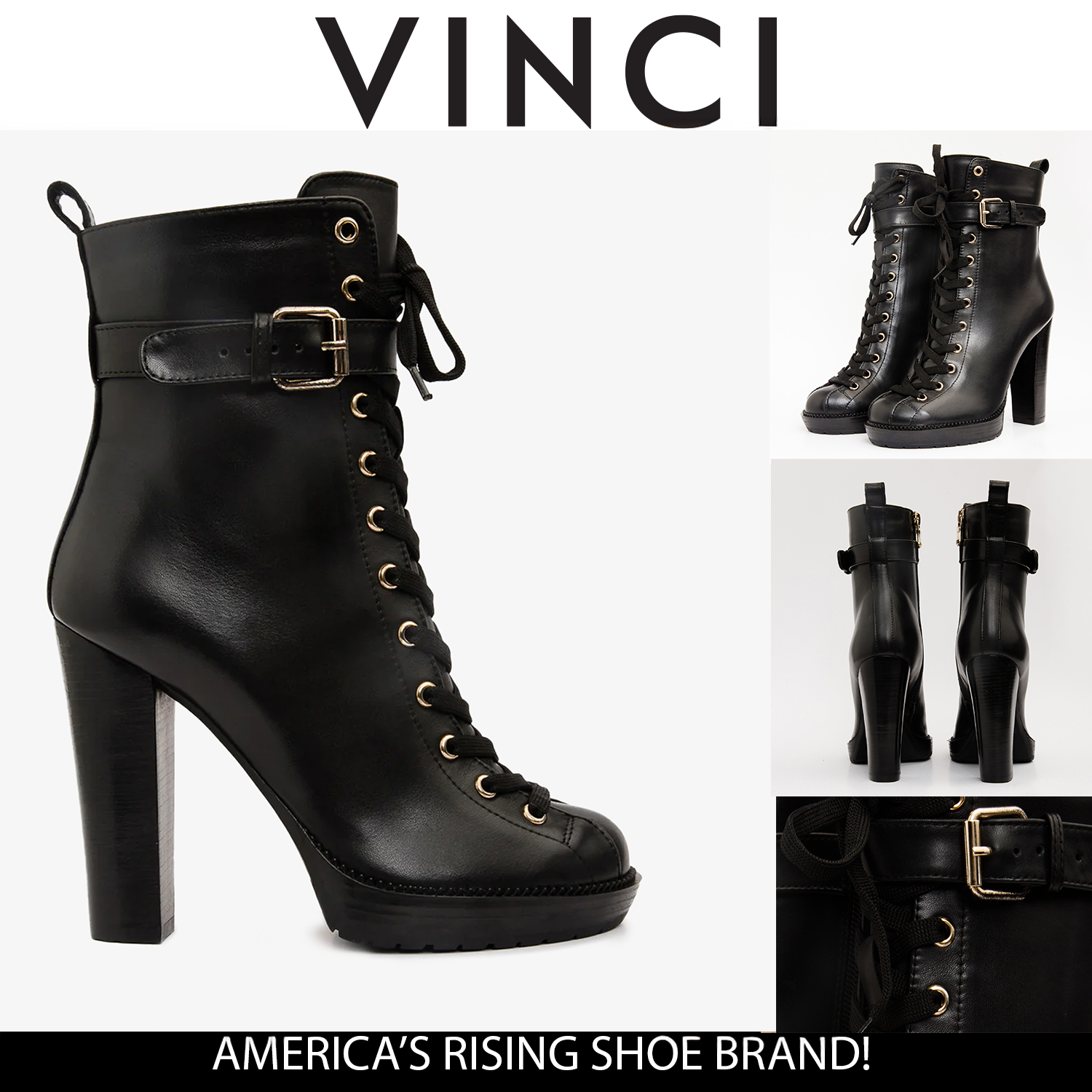 The Estrada Black Leather Lace-Up Platform Heel Mid Calf Boot