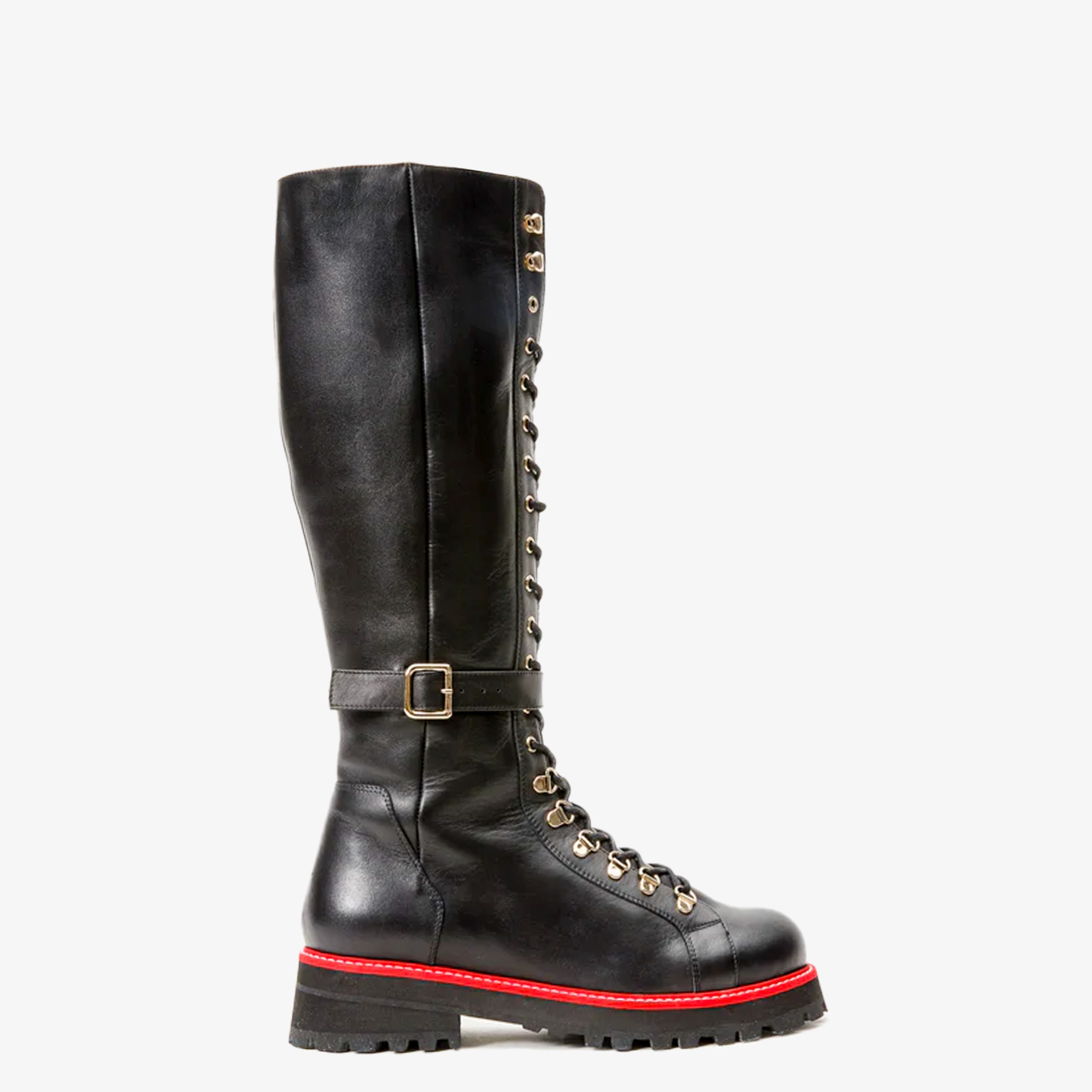 The Istinye Black Leather Knee High Lace-Up Boot Limited Edition