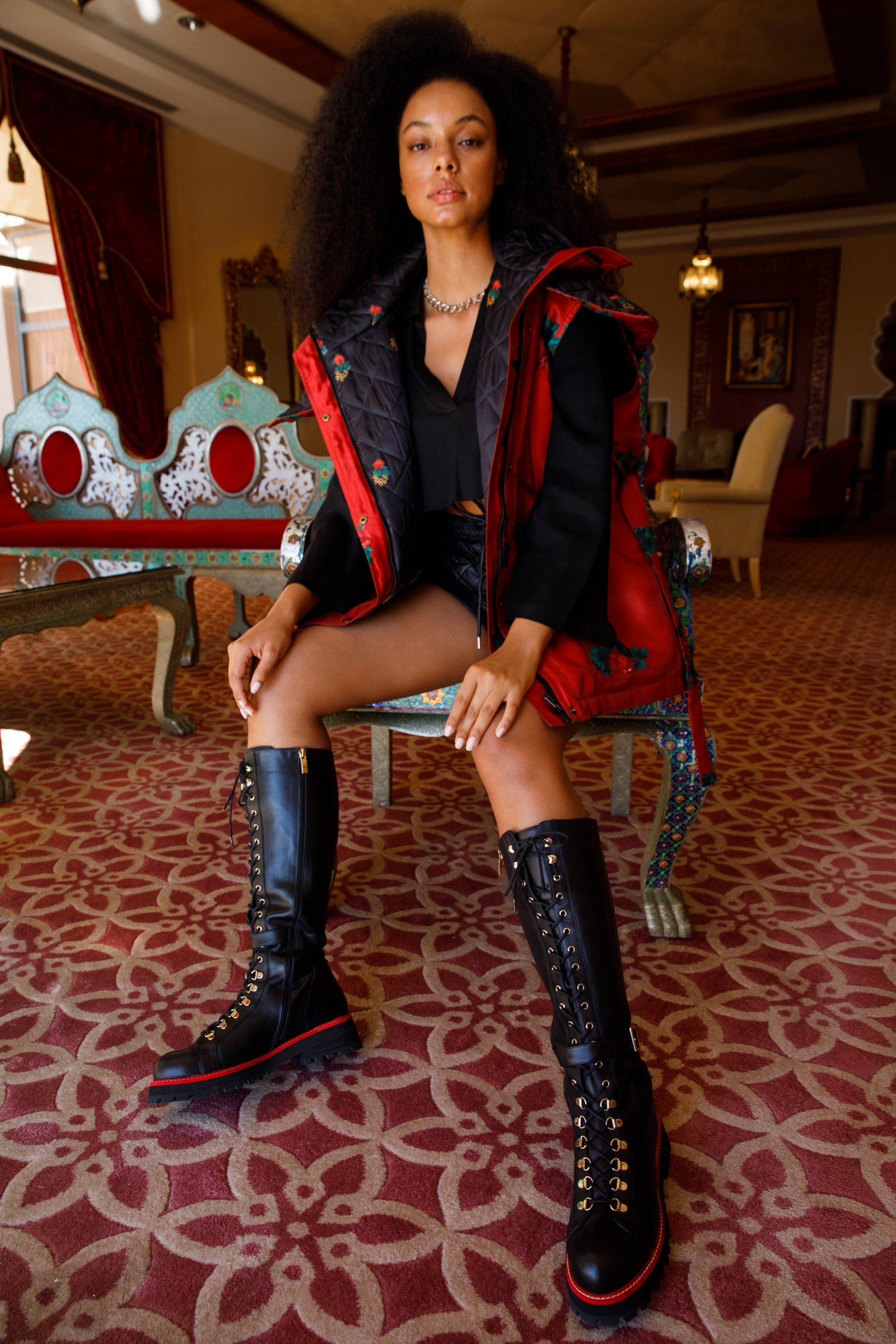 The Istinye Black Leather Knee High Lace-Up Boot Limited Edition