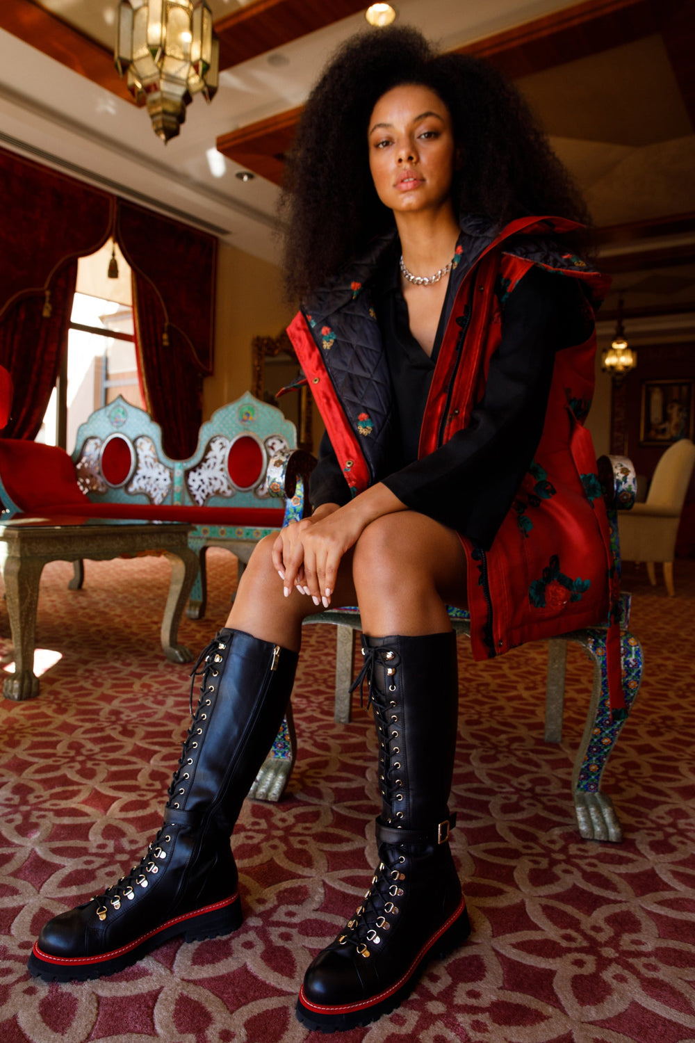 The Istinye Black Leather Knee High Lace-Up Boot Limited Edition
