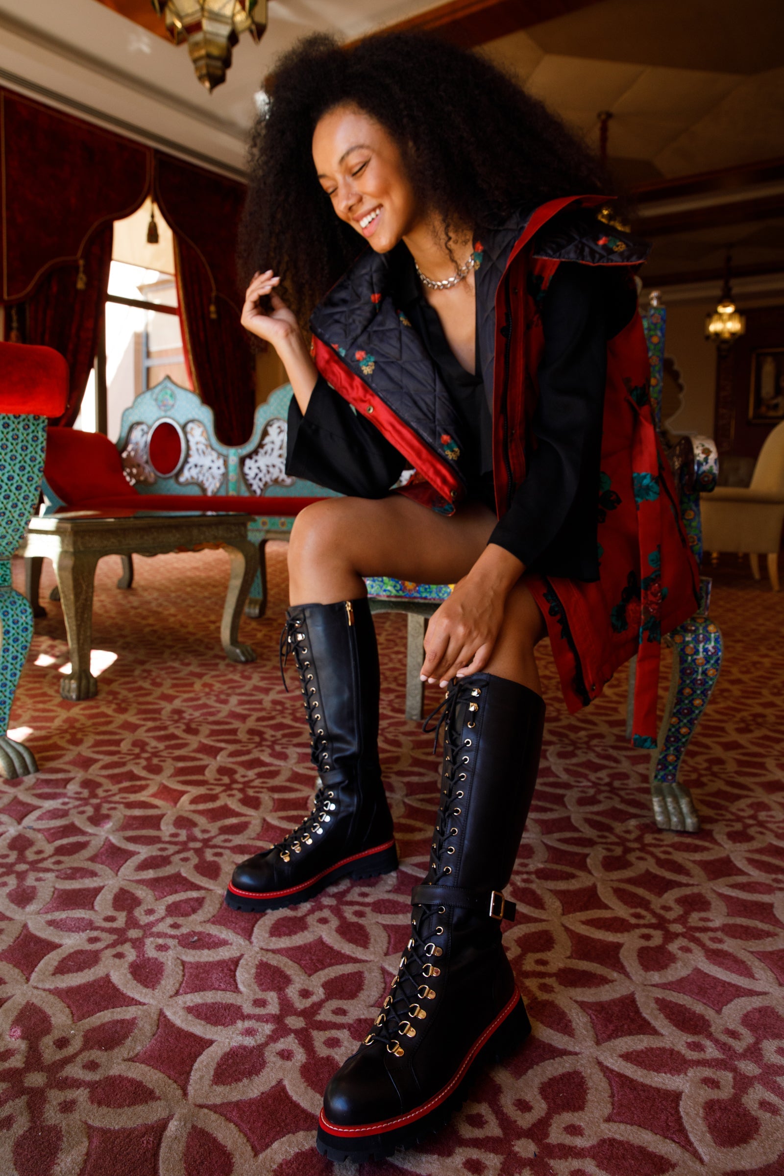 The Istinye Black Leather Knee High Lace-Up Boot Limited Edition