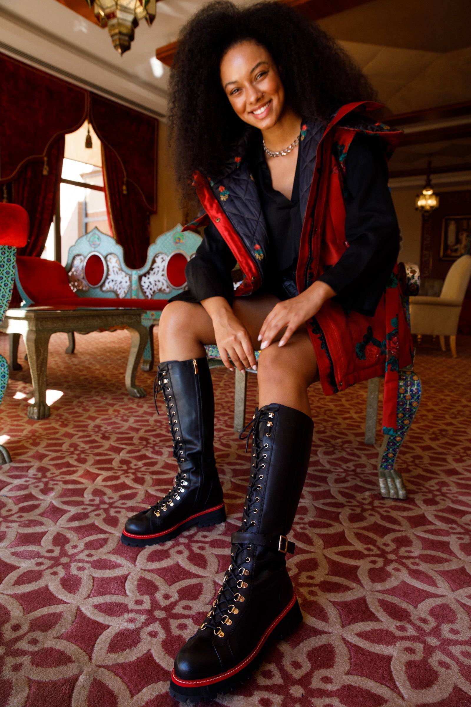 The Istinye Black Leather Knee High Lace-Up Boot Limited Edition