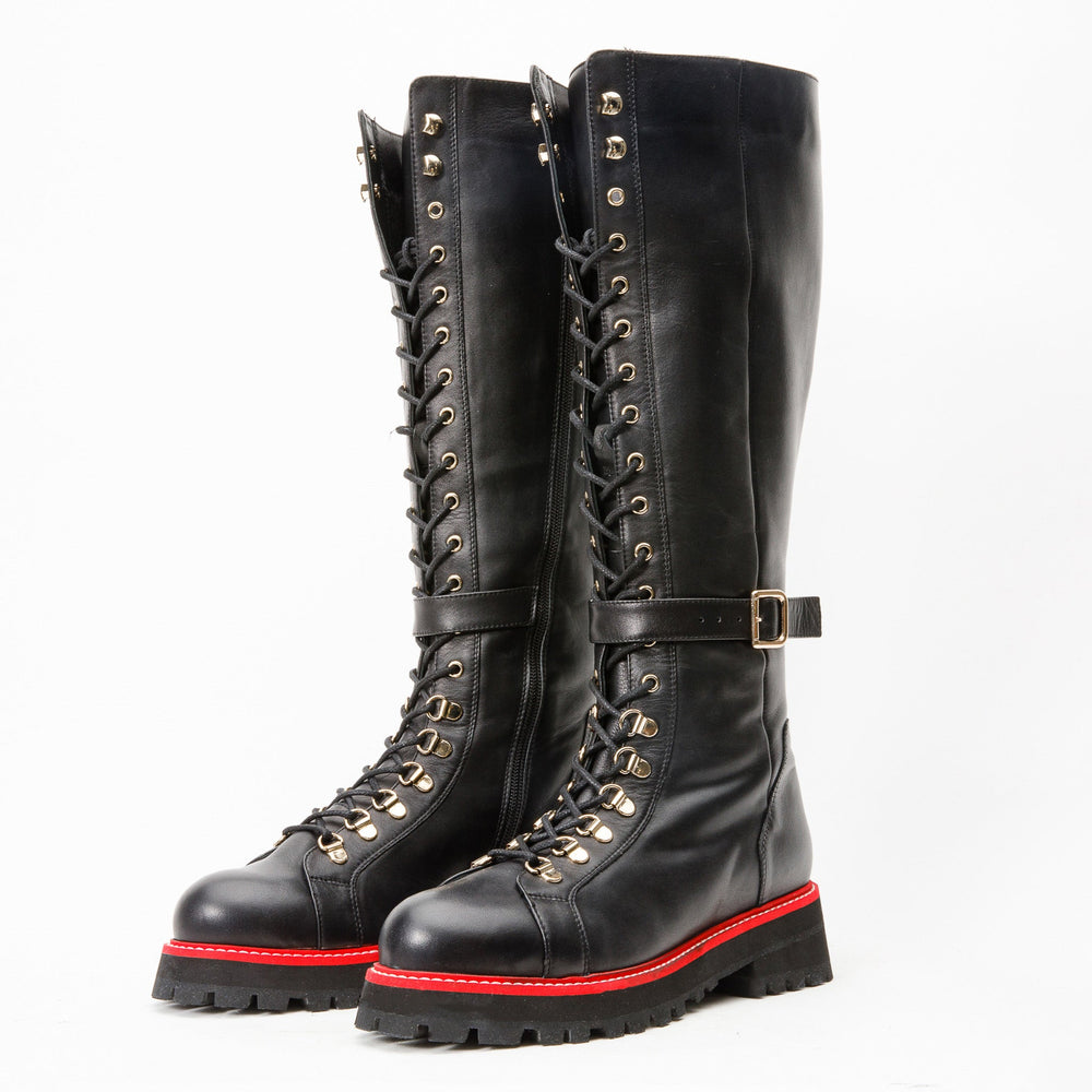 The Istinye Black Leather Knee High Lace-Up Boot Limited Edition