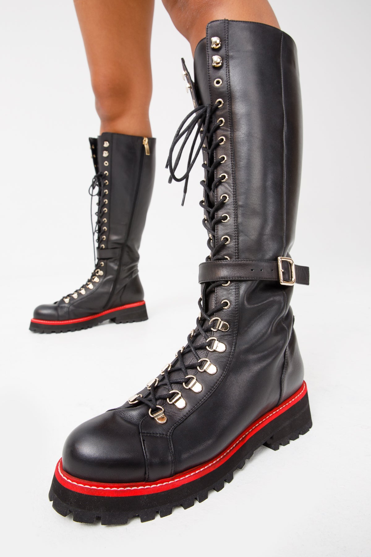 The Istinye Black Leather Knee High Lace-Up Boot Limited Edition