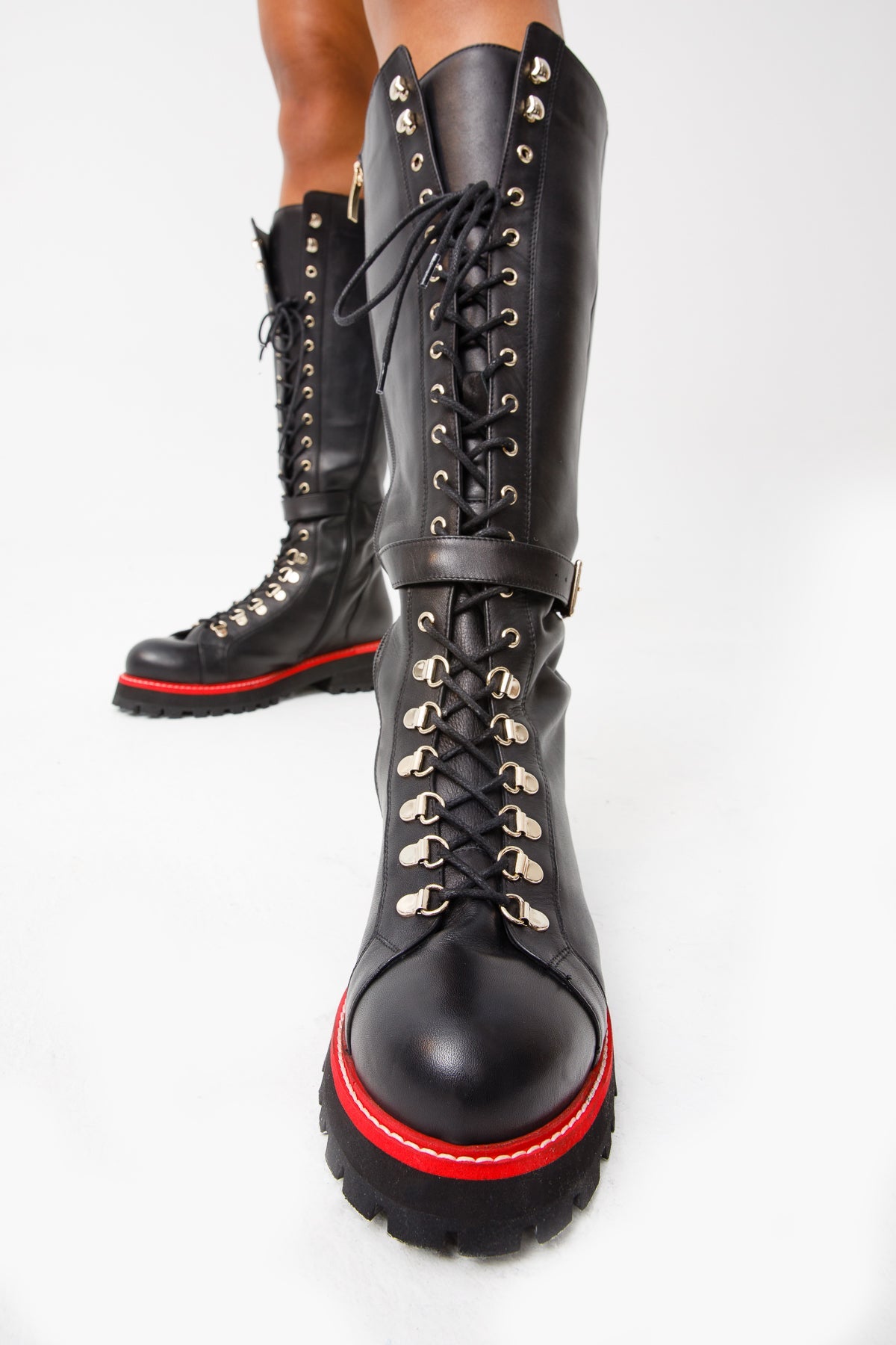 The Istinye Black Leather Knee High Lace-Up Boot Limited Edition