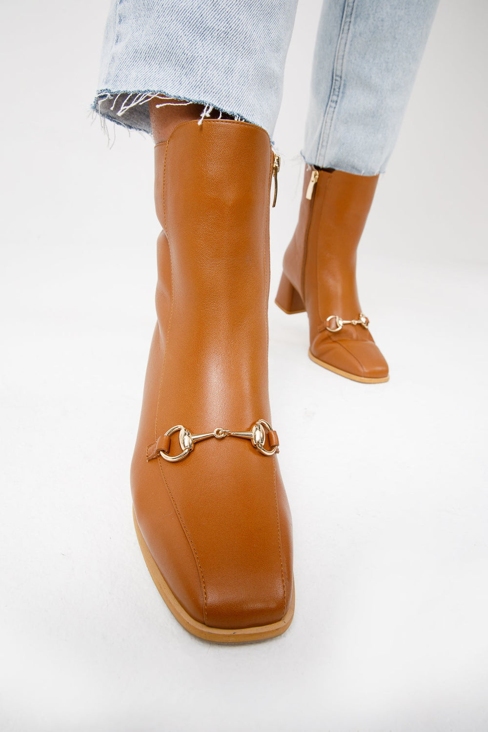 The Bukres Tan Leather Block Heel Mid Calf Boot