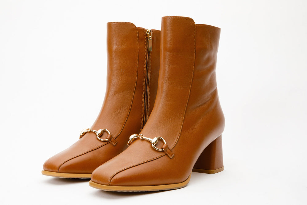 The Bukres Tan Leather Block Heel Mid Calf Boot
