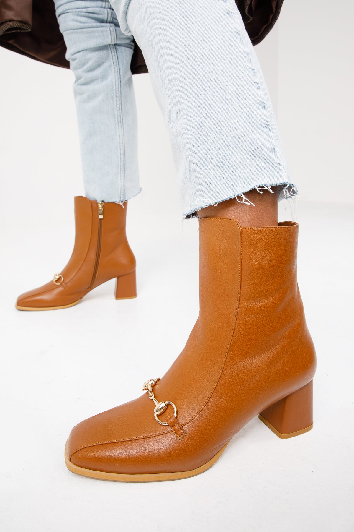 The Bukres Tan Leather Block Heel Mid Calf Boot