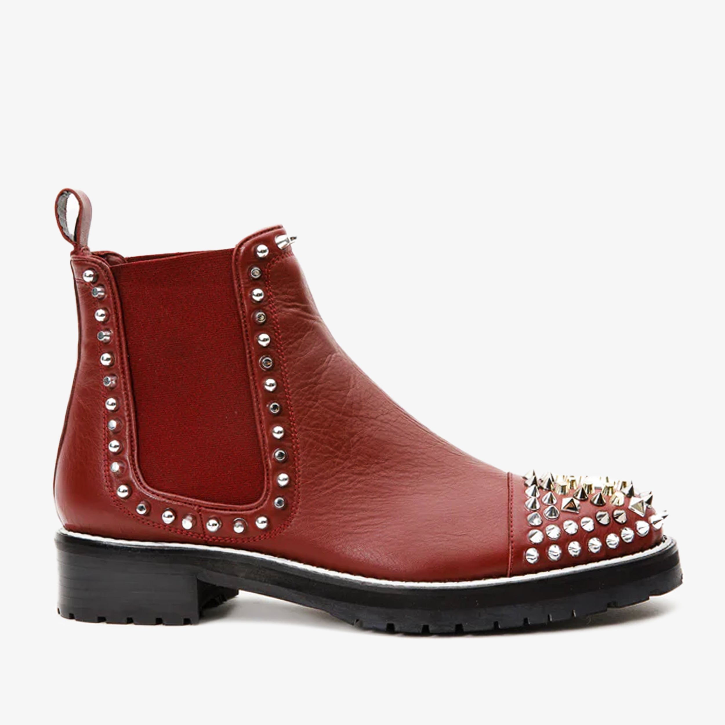 The Vuvulane Burgundy Spike Leather Ankle  Boot