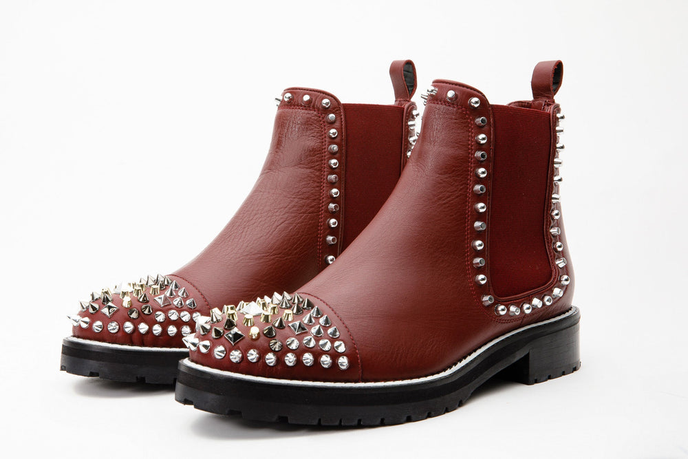 The Vuvulane Burgundy Spike Leather Ankle  Boot