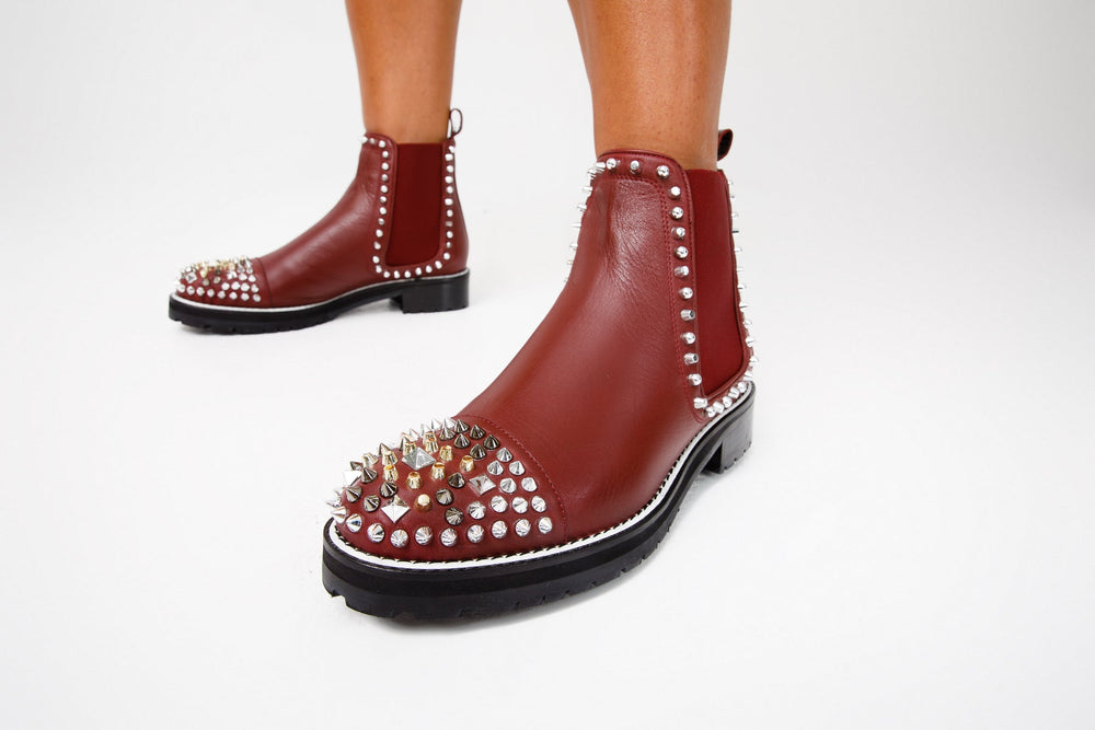 The Vuvulane Burgundy Spike Leather Ankle  Boot