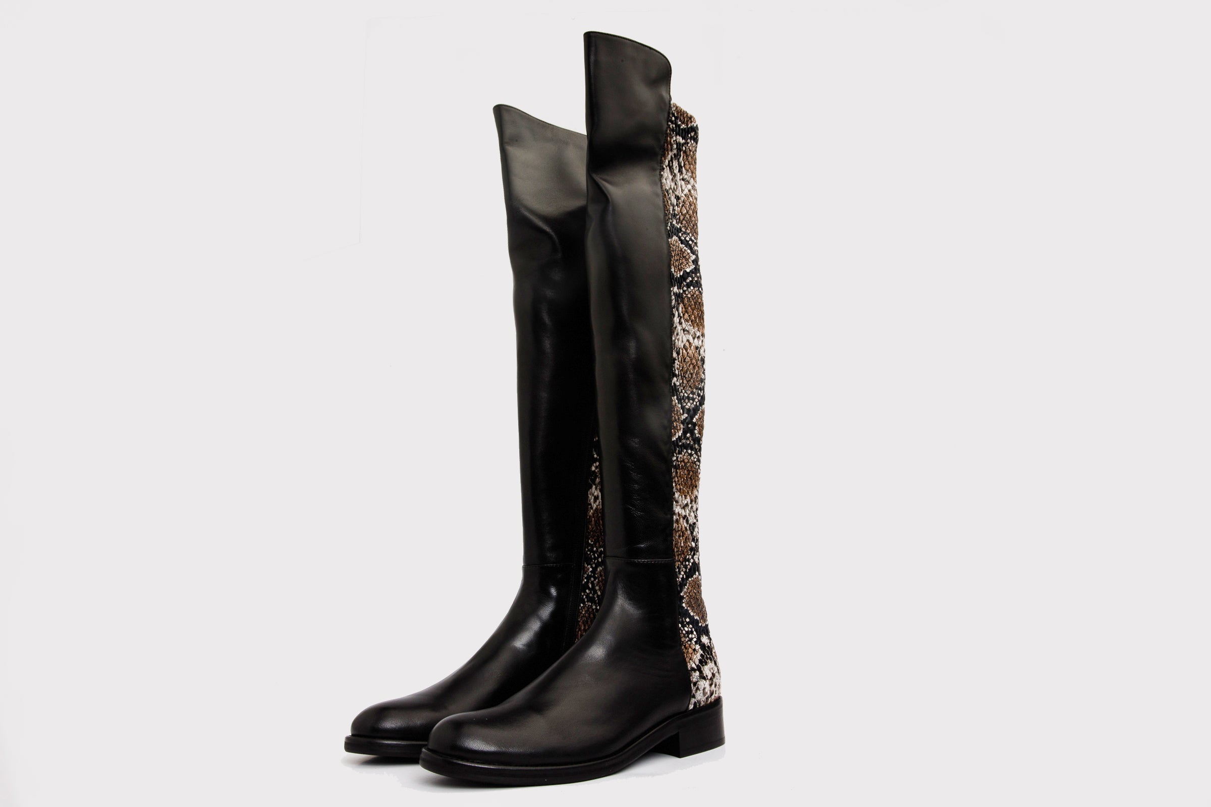 The Moengo Black Leather Leopard Knee High Boot